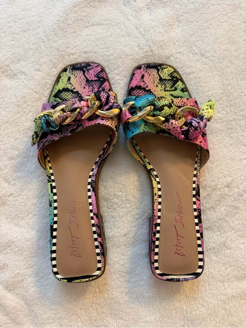 Betsey Johnson Neon Snake-Print Slide Mules with Gold Chain
